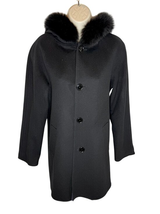 Sofia Cashmere Jackets & Blazers - Sofia Cashmere Reversible Car Coat Fox Trimmed Hood Black Blue - Size 2